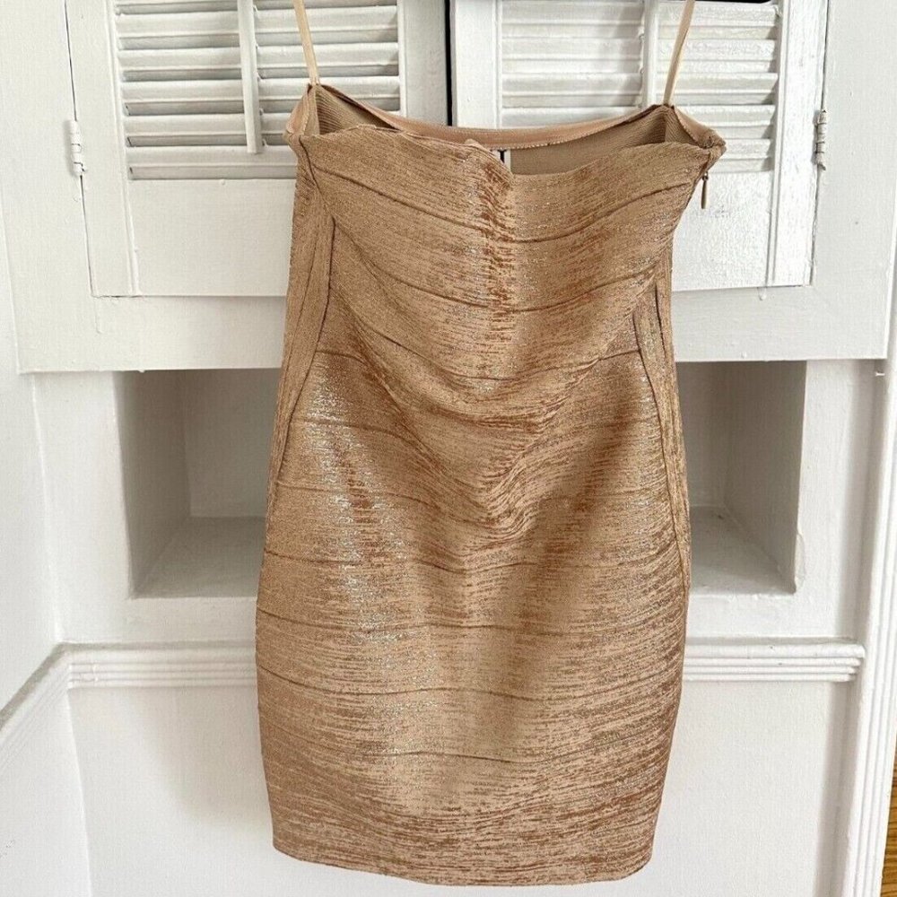HAUTE HIPPIE Gold Metallic Bandage Strapless Mini Bodycon Dress - Size M ($595) - Picture 3 of 7